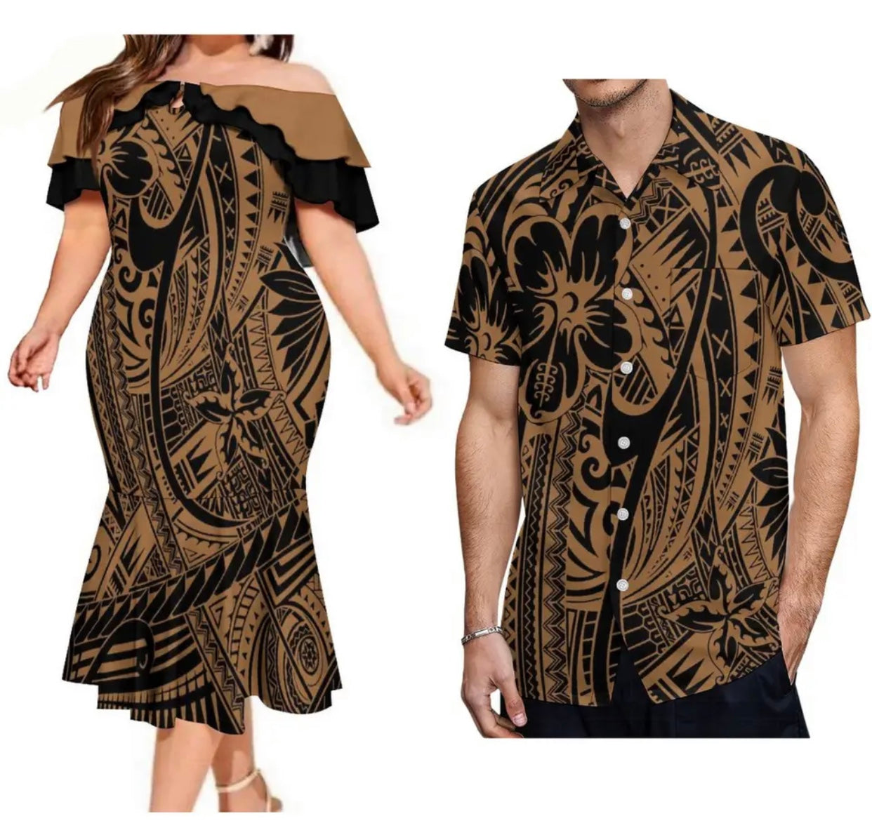 Women off shoulder dress & Men’s matching shirt in different styles and Colours