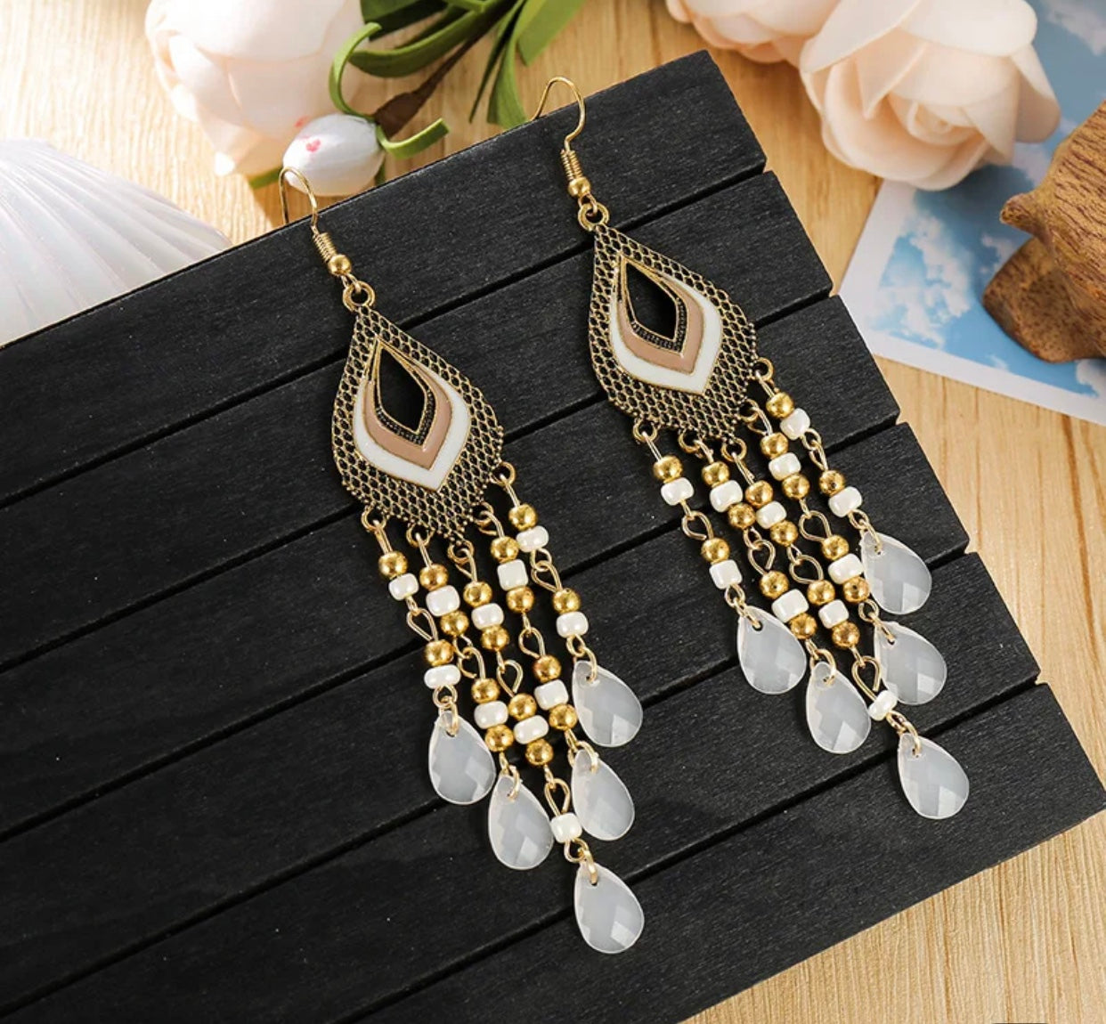 Ladies Water Drop Long Bead Earrings