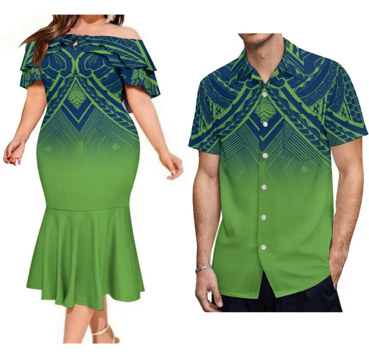 Women off shoulder dress & Men’s matching shirt in different styles and Colours