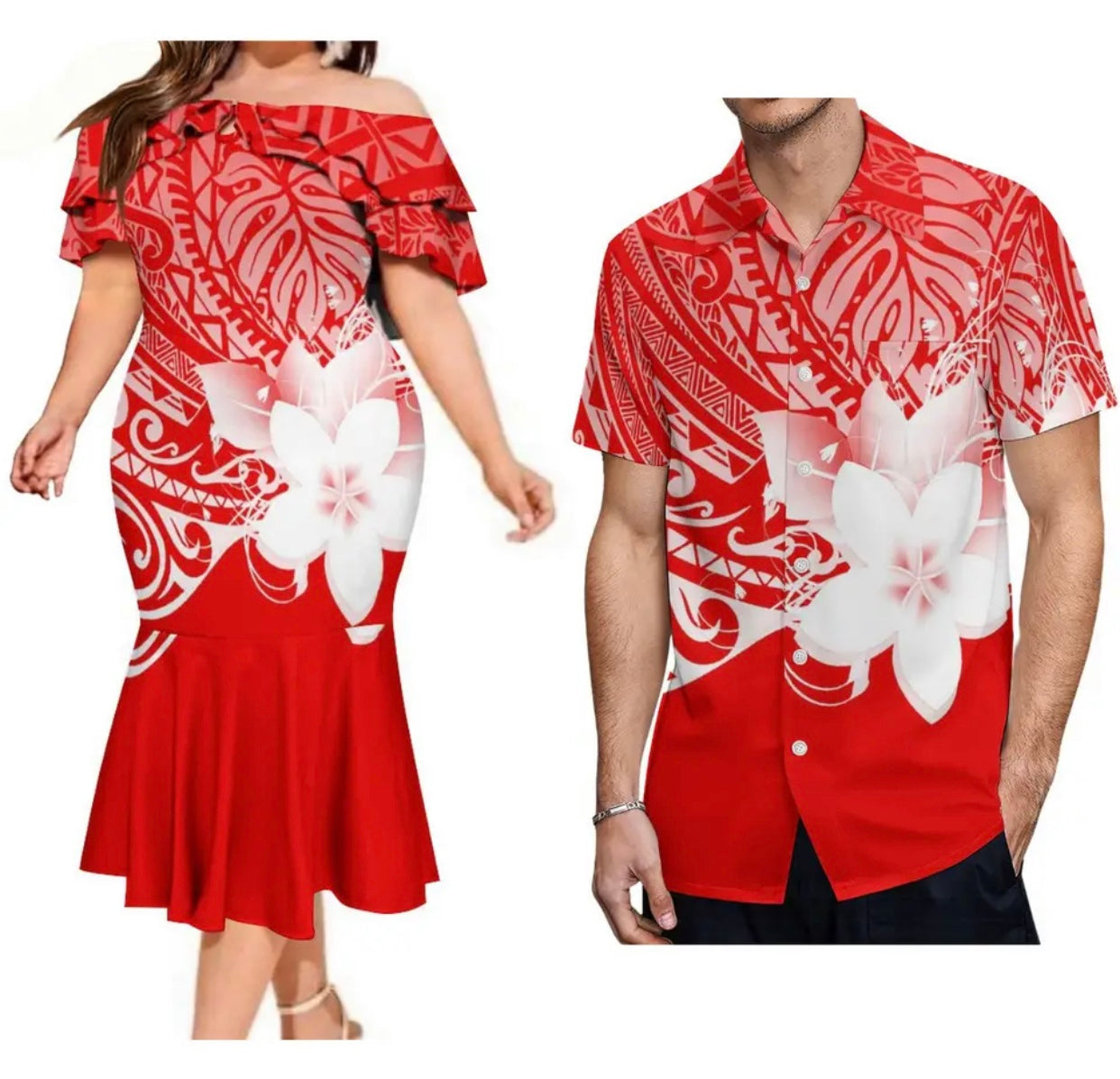 Women off shoulder dress & Men’s matching shirt in different styles and Colours