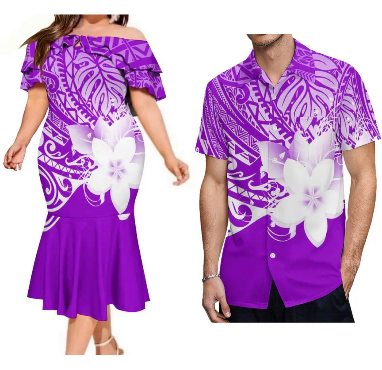 Women off shoulder dress & Men’s matching shirt in different styles and Colours