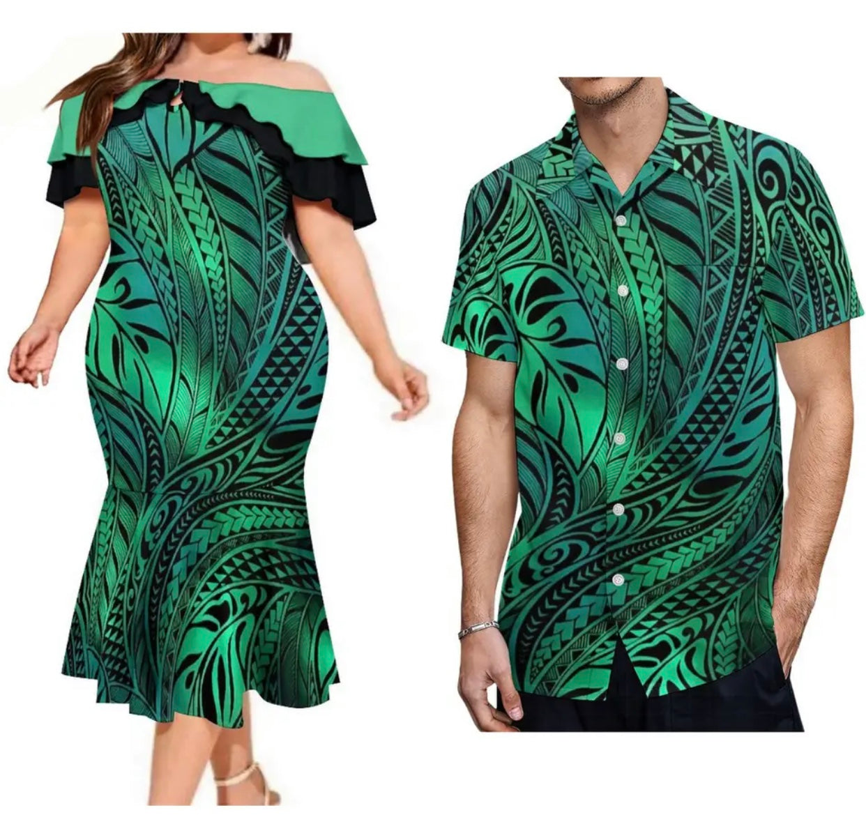 Women off shoulder dress & Men’s matching shirt in different styles and Colours