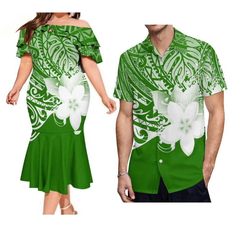 Women off shoulder dress & Men’s matching shirt in different styles and Colours