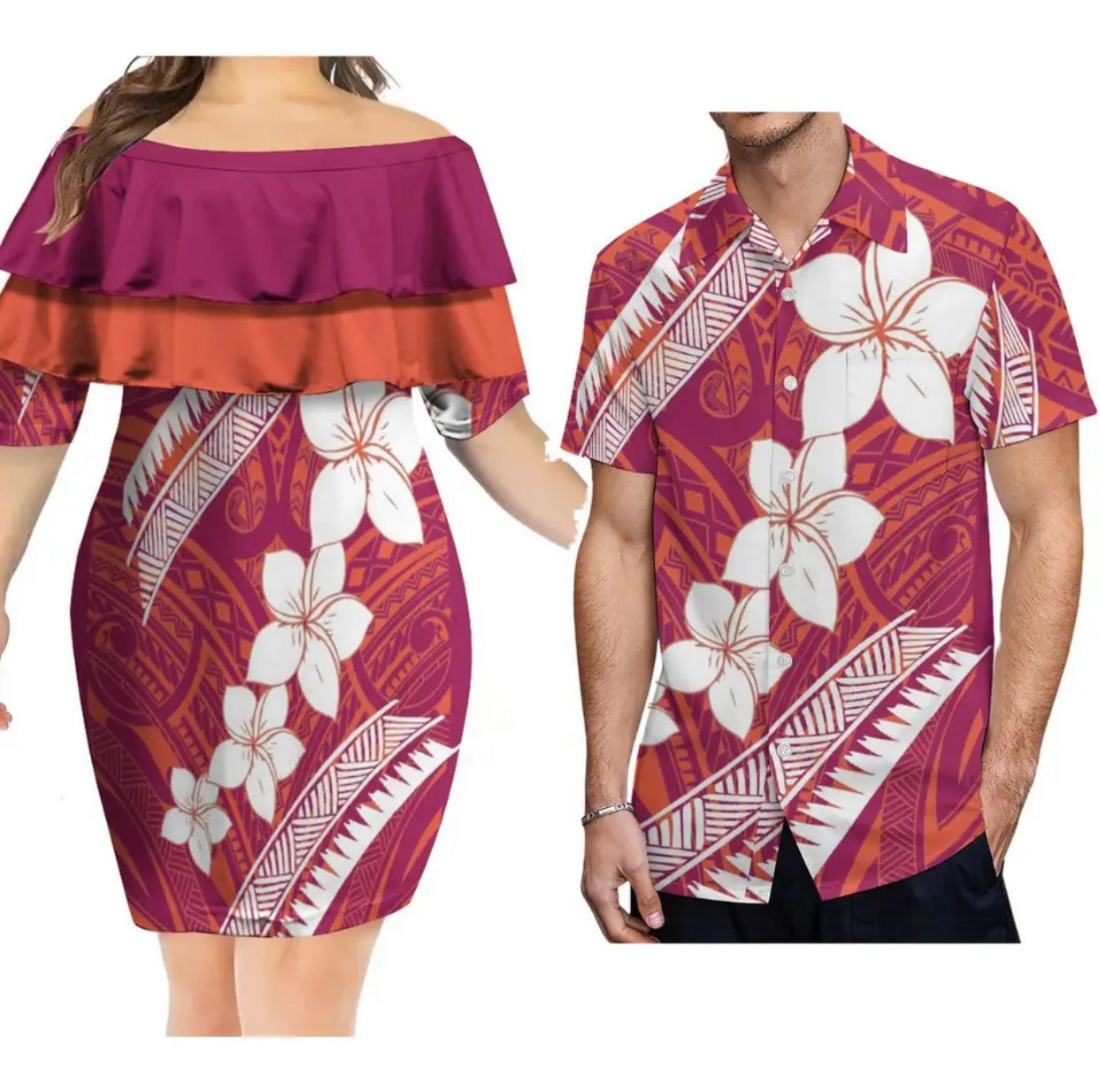 Women’s off shoulder dress & Men’s matching shirt