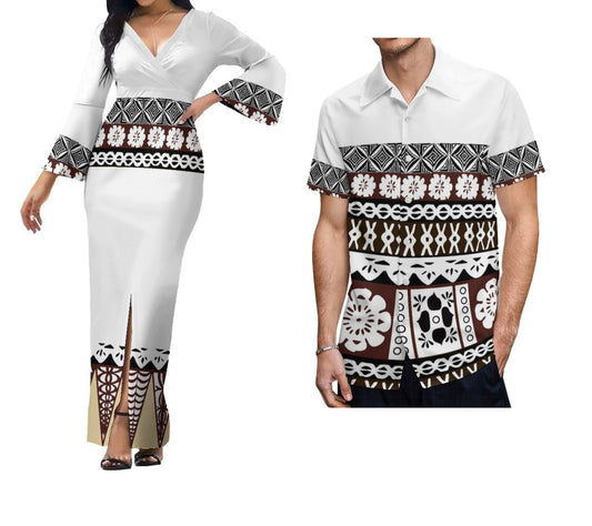 Ladies White Dress with Men’s Matching Shirt in Fijian Design